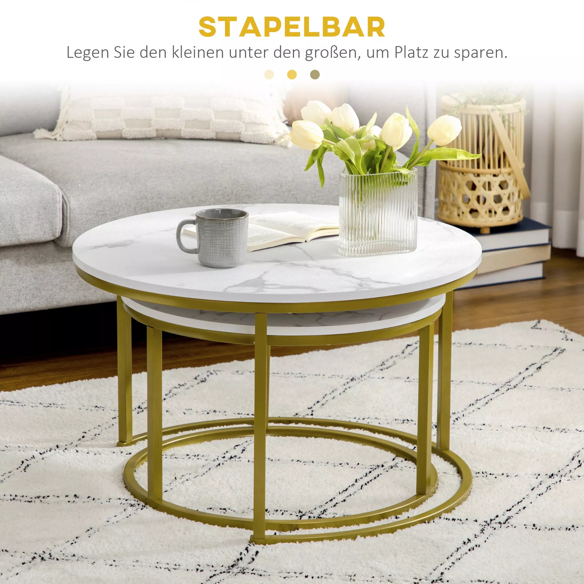 Pagalbinis staliukas, 2 komplekto stalai, Ø74 ir Ø59 cm, marmuro imitacija, auksinis rėmas