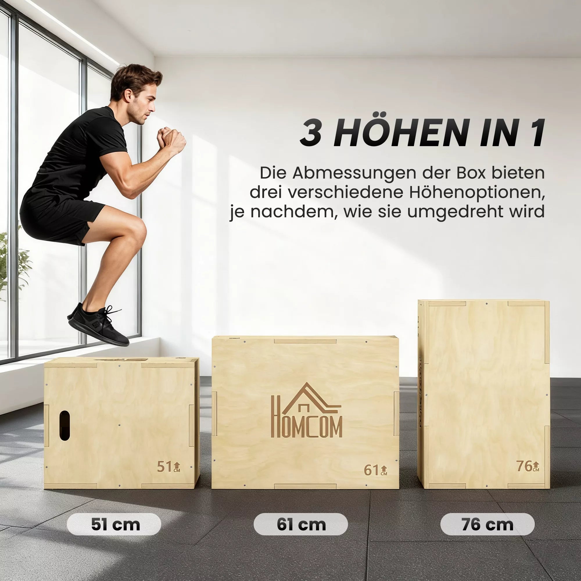 3-in-1 Plyo Box medinė pliometrinė šokimo dėžė su 3 šokimo aukščiais rankenomis 61 x 51 x 76 cm natūralaus medžio
