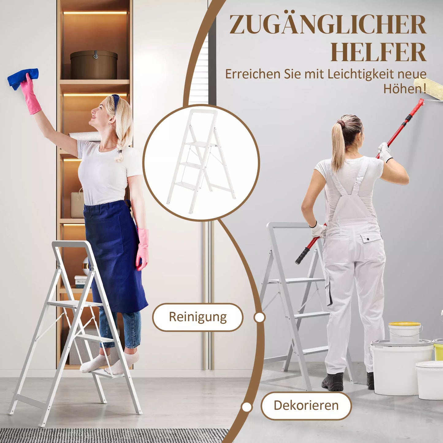 3 pakopų sulankstomos aliuminio kopetėlės, neslystanti platforma, baltos