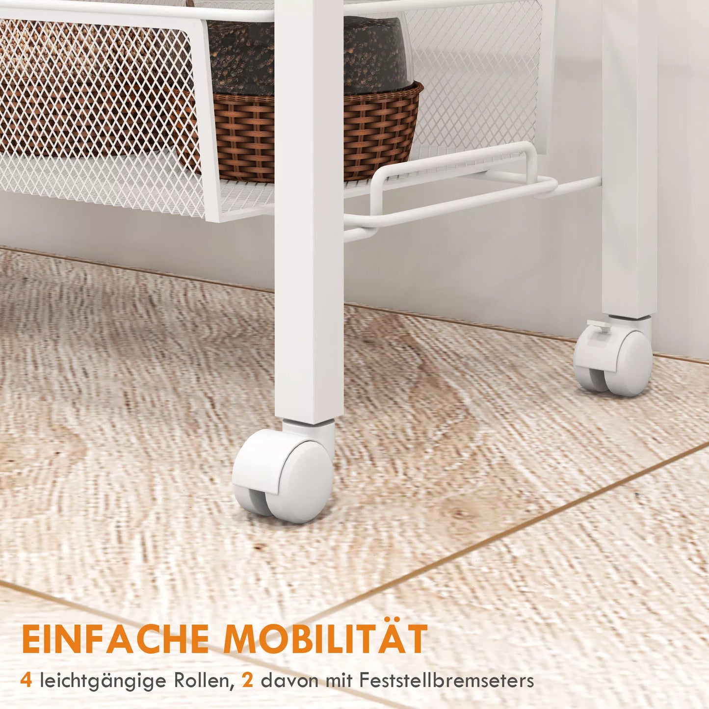 Siauras vežimėlis, universalus virtuvinis vežimėlis, 3 lentynos, kabliukai, 58 cm x 18,5 cm x 87 cm, baltas