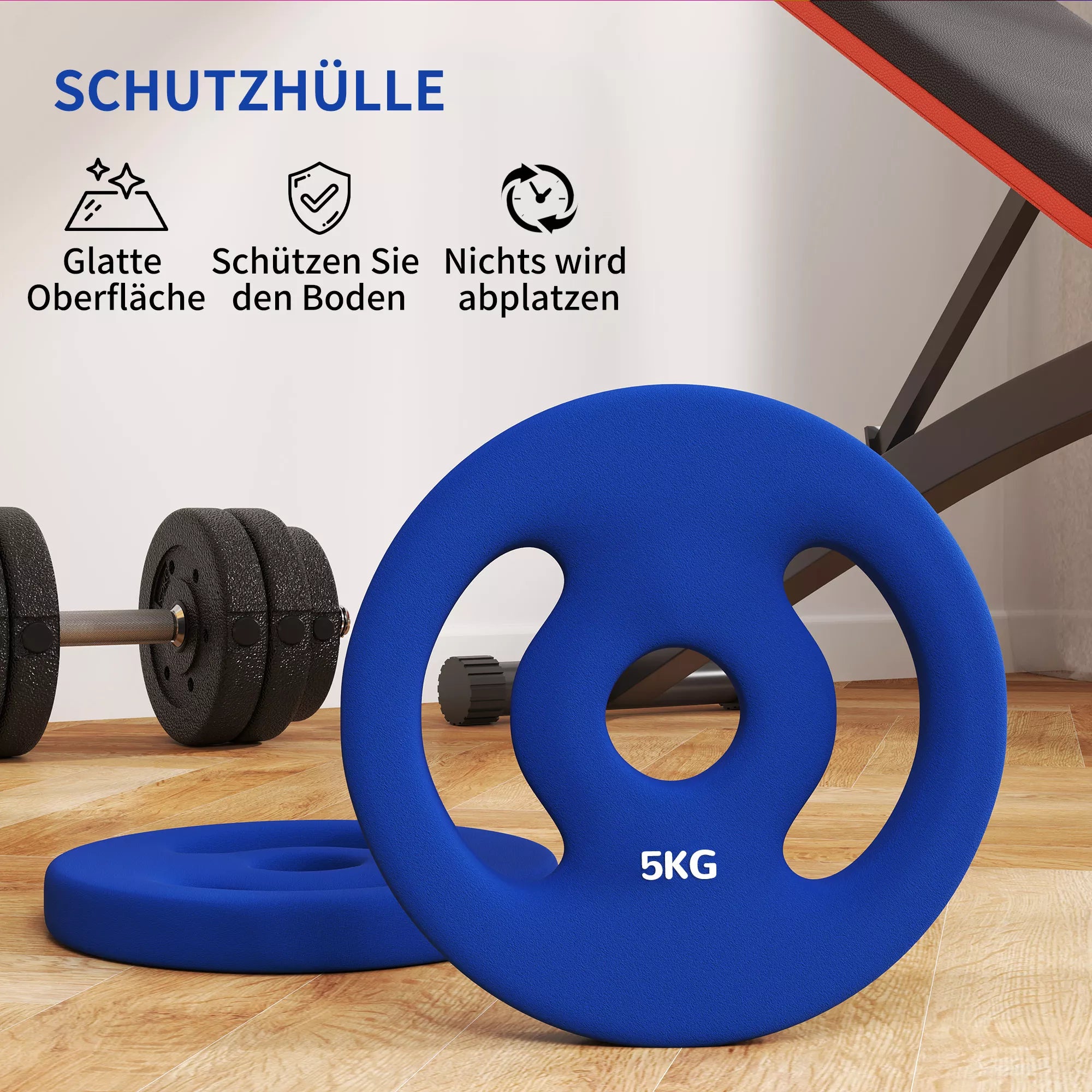 2 x 5 kg svarmenų plokštės su praktiškomis rankenomis, svarmenų rinkinys namų salei, sporto salei, jėgos treniruotėms, mėlynos
