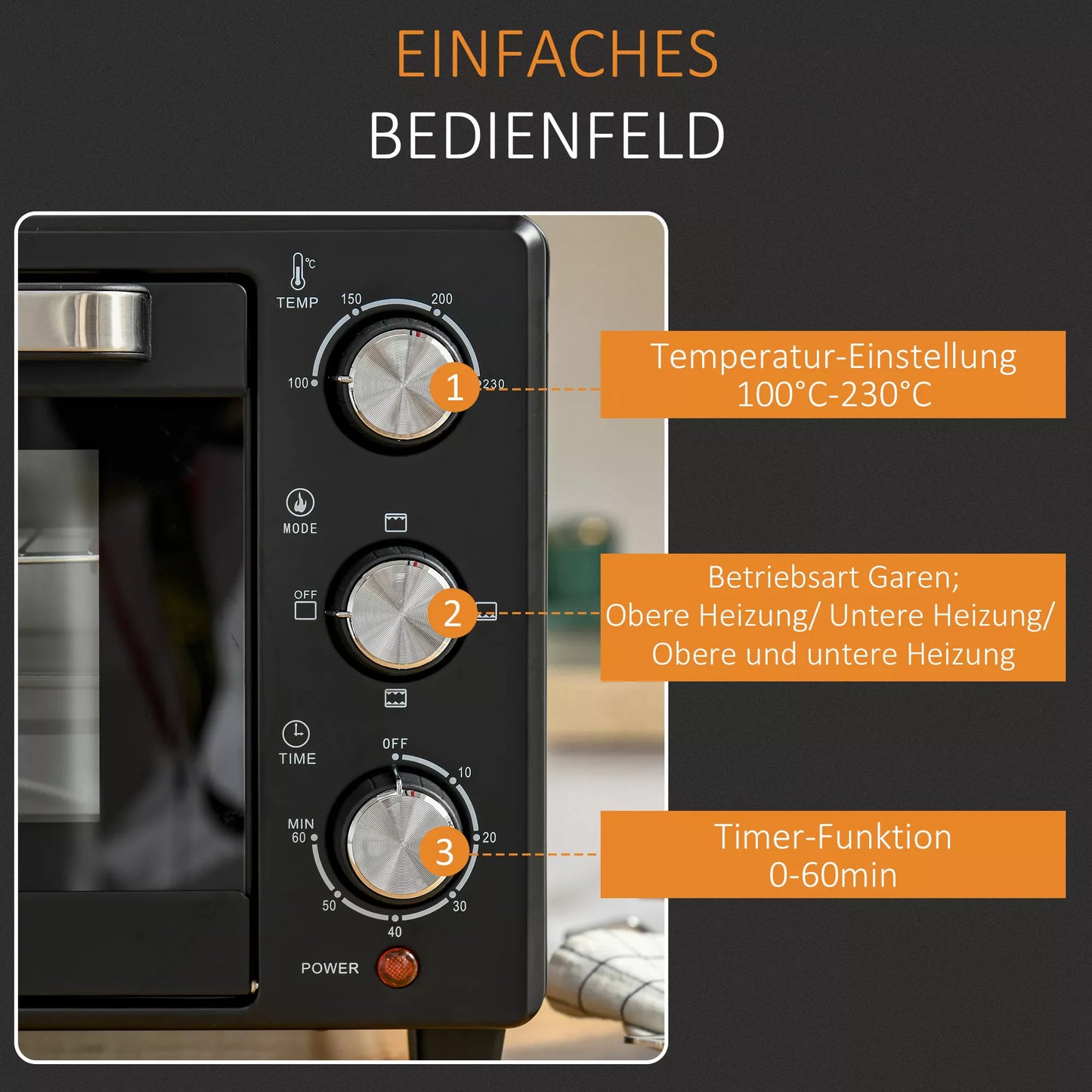 Miniorkaitė, 21 L skrudintuvo orkaitė su 1 vieliniu groteliu ir 1 kepimo skarda, 3 gaminimo režimai, 100 °C-230 °C, nerūdijantis plienas, stiklas, juoda