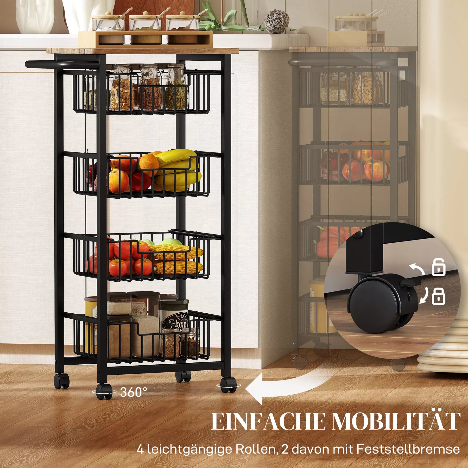 4 pakopų virtuvės vežimėlis ant ratukų, riedantis serviravimo vežimėlis, virtuvės vežimėlis su 4 plieniniais krepšiais, serviravimo vežimėlis