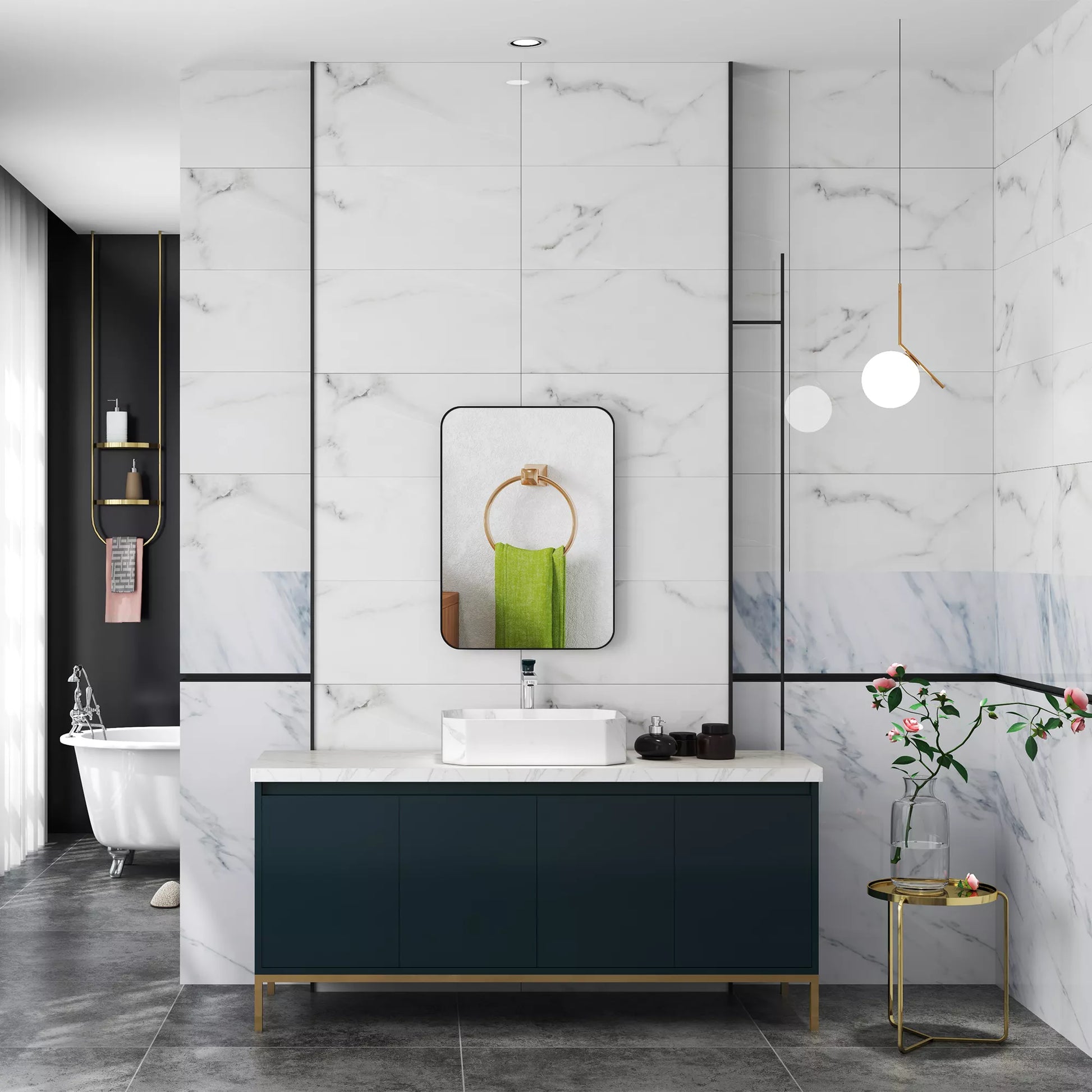 Sieninis vonios veidrodis su apsaugine plėvele nuo skeveldrų, metaliniu rėmu, 50 x 70 cm, juodas