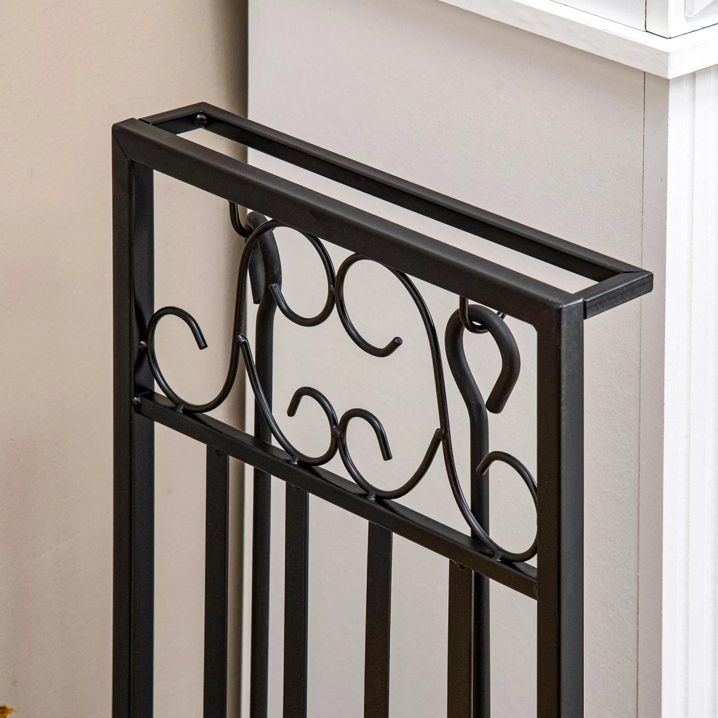 Malkų stovas židiniui su įrankių rinkiniu, malkų laikiklis, plienas, juodas 75 x 30 x 60 cm