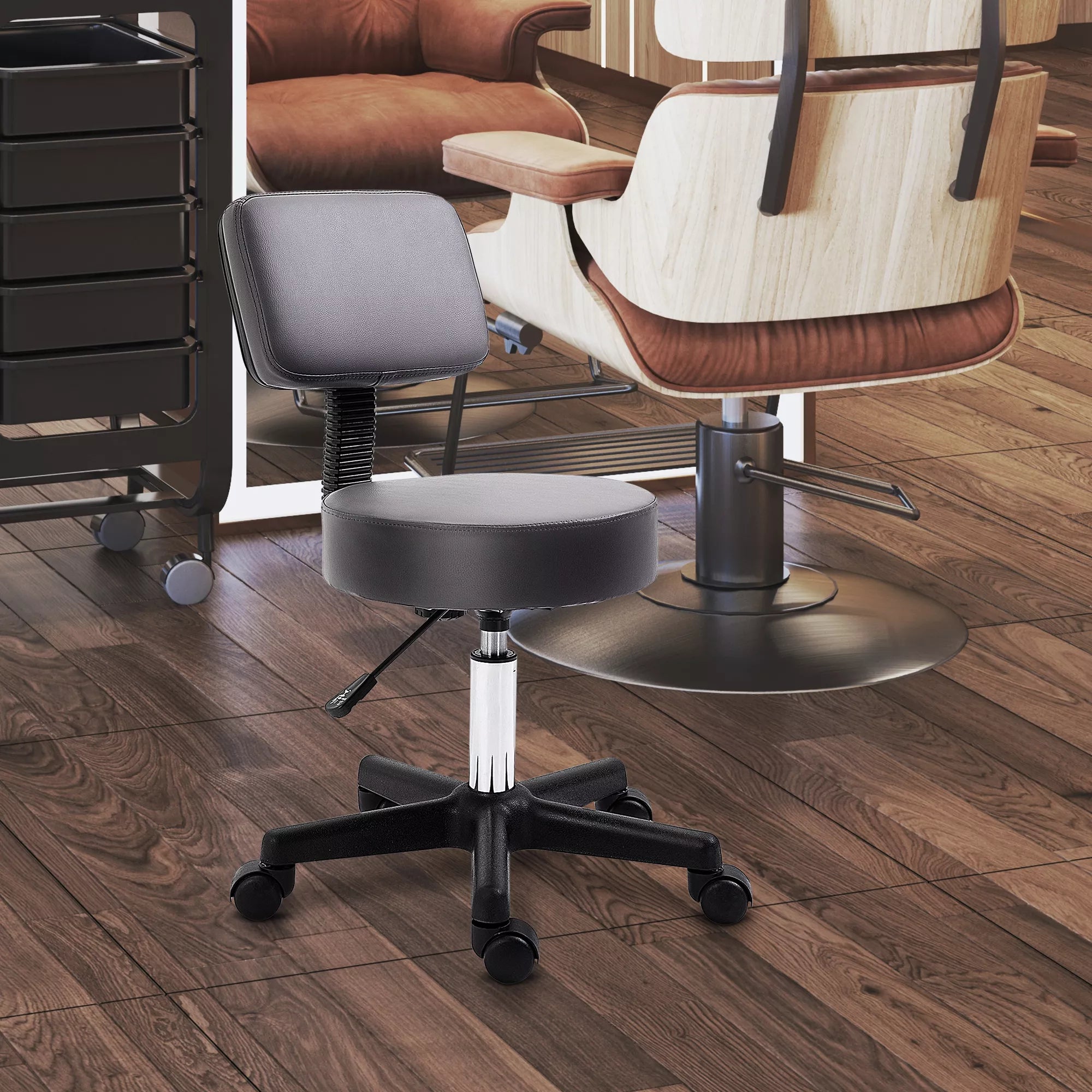 Salono taburetė, reguliuojamo aukščio, ergonomiška, 360° besisukanti, su 5 ratukais, pilkos spalvos sintetinė danga