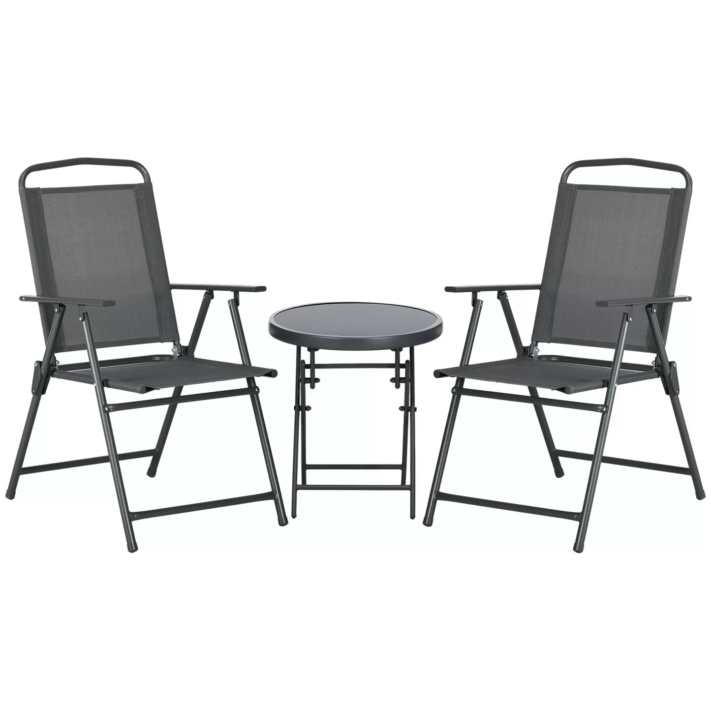 3 dalių bistros komplektas iš metalo, atsparus oro sąlygoms, sodo baldų komplektas su sulankstomu stikliniu staliuku ir sodo kėdėmis, tamsiai pilkos spalvos