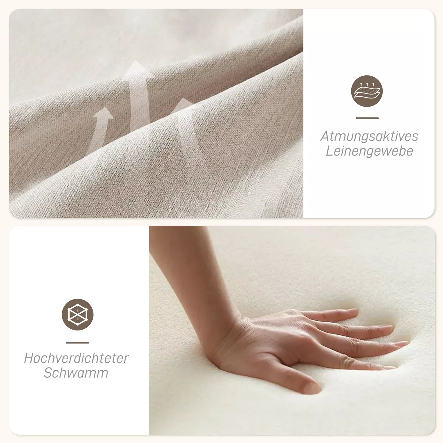 Minkštas krėslas su porankiais, tvirtu mediniu rėmu ir nuimamomis pagalvėlėmis, skirtas svetainei, miegamajam, smėlio spalvos