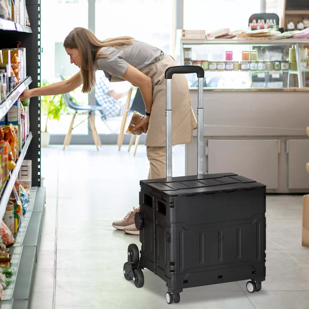 Pirkinių vežimėlis, laiptų kopiklis,  sulankstomas, teleskopinė rankena, maksimalus apkrovos svoris iki 65 kg, juodos spalvos