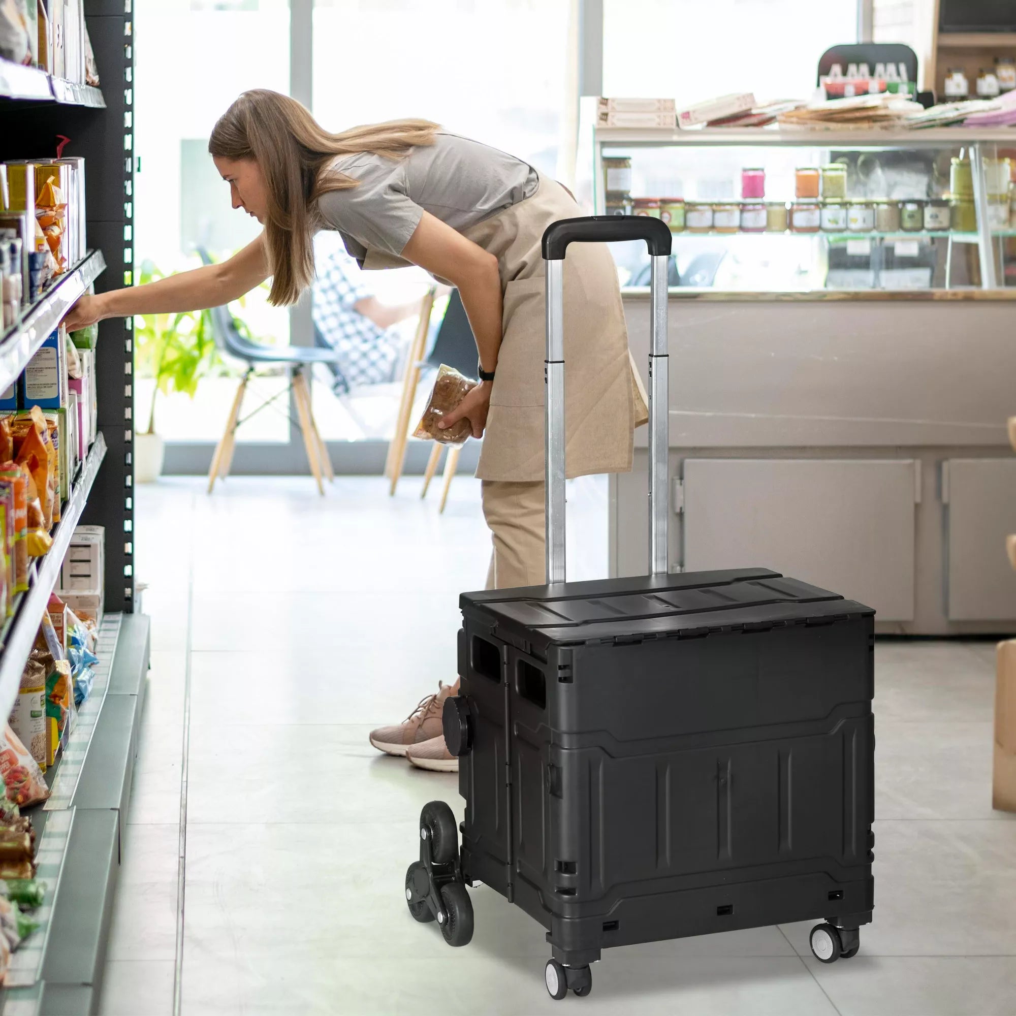Pirkinių vežimėlis, laiptų kopiklis,  sulankstomas, teleskopinė rankena, maksimalus apkrovos svoris iki 65 kg, juodos spalvos