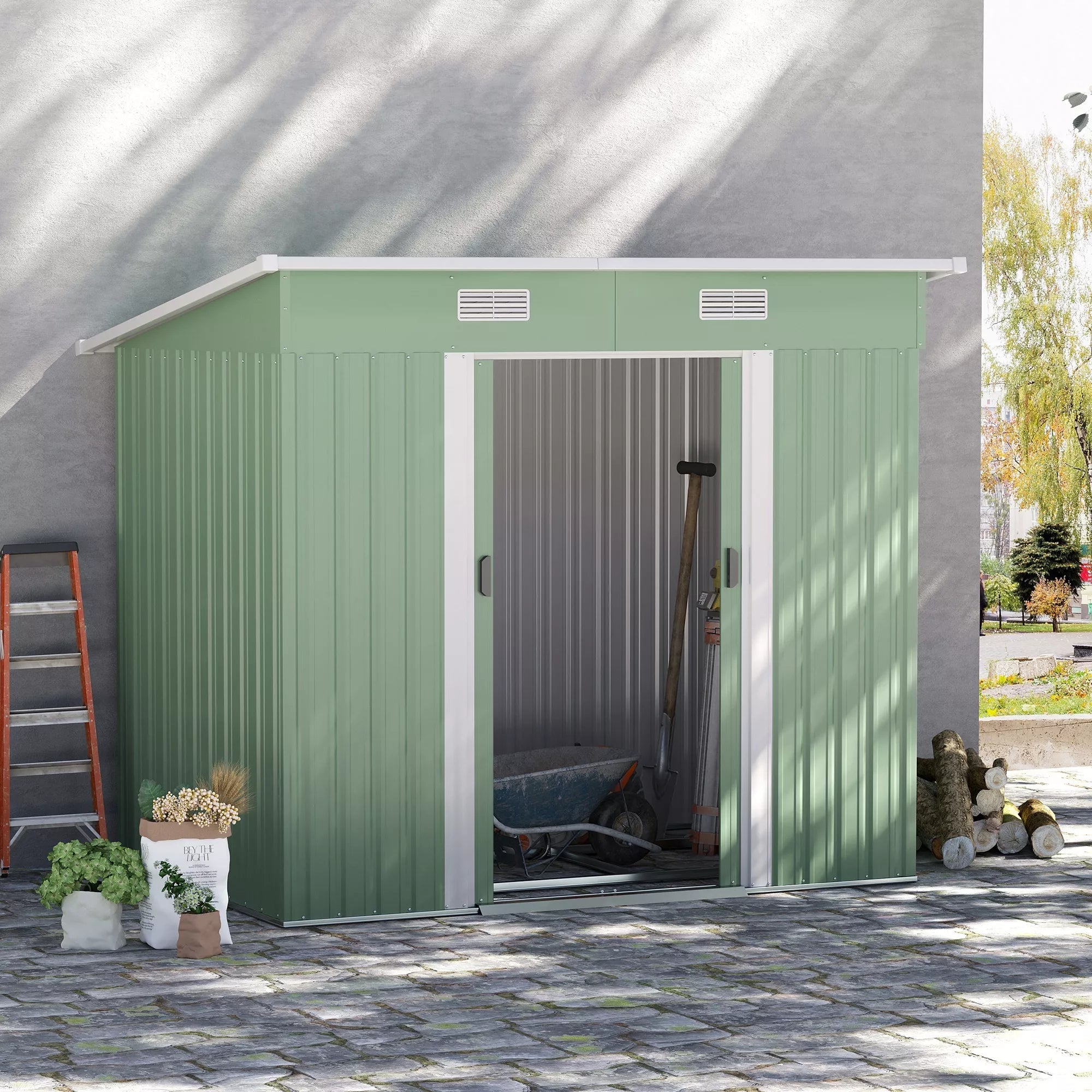 Metalinis įrankių namelis 2,3 m² 207 x 130 x 182 cm Įrankių namelis su vienšlaičiu stogu Langas Grindų rėmas Žalias