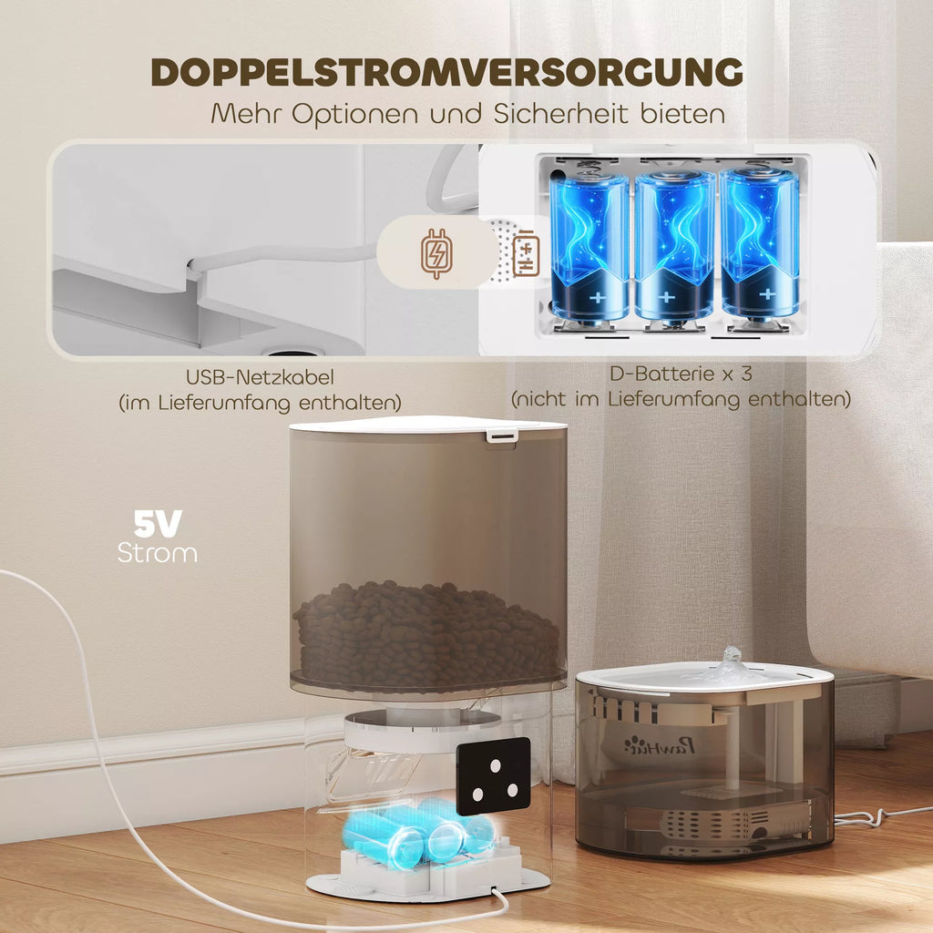 Automatinis pašarų dozatorius ir 2,5 l vandens dozatorius mažoms šunims, katėms Balta