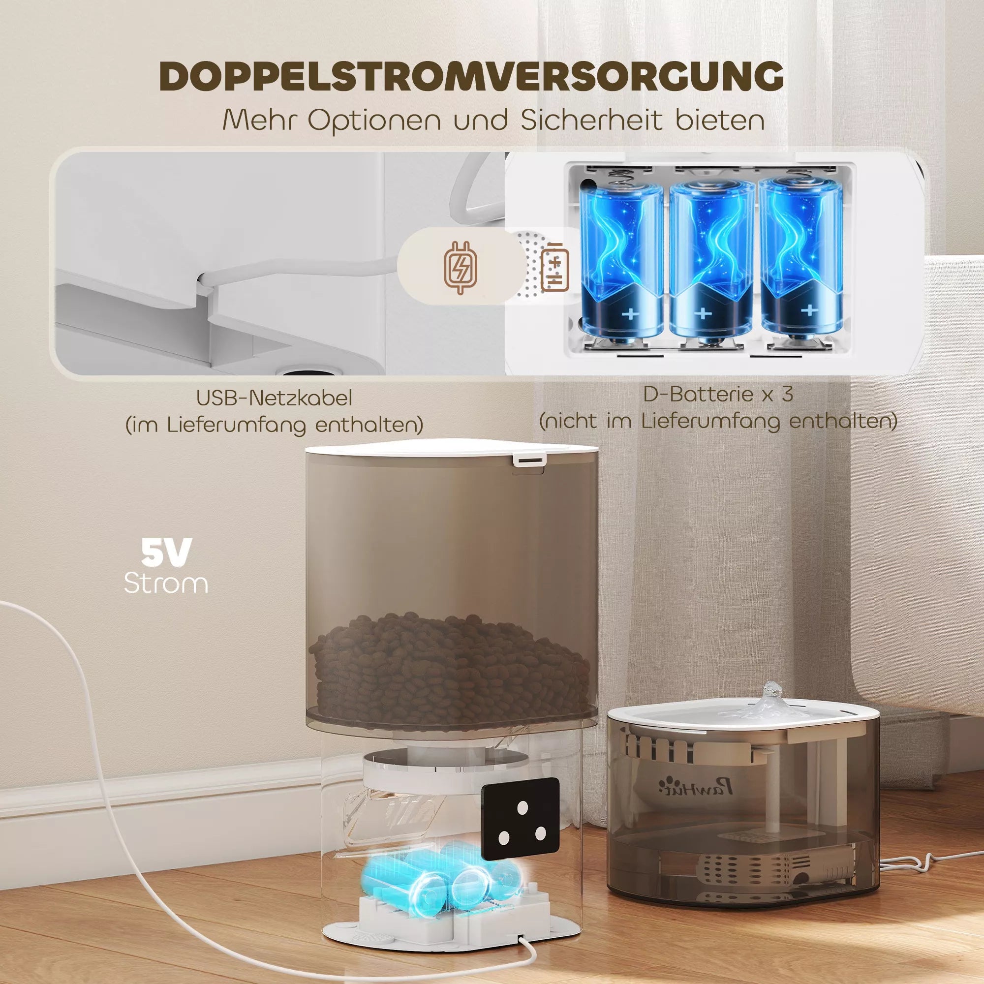 Automatinis pašarų dozatorius ir 2,5 l vandens dozatorius mažoms šunims, katėms Balta