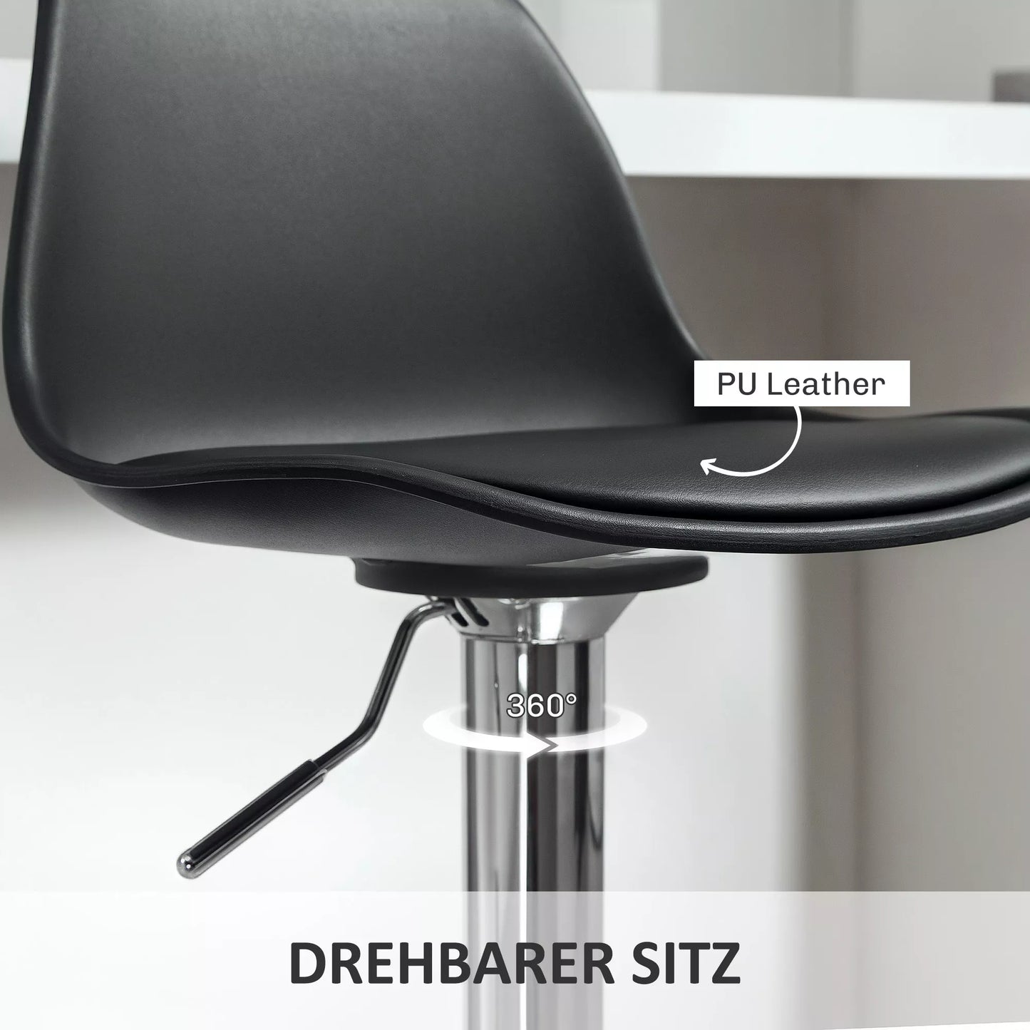 2 vnt. baro kėdžių rinkinys, pasukamos, su atlošu, reguliuojamo aukščio, atlaiko iki 120 kg, 42 x 38 x 82–104 cm, juodos spalvos