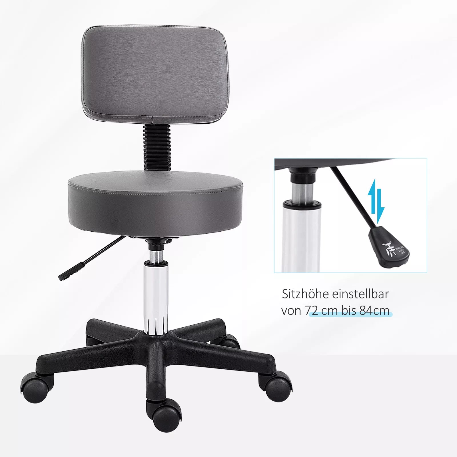 Salono taburetė, reguliuojamo aukščio, ergonomiška, 360° besisukanti, su 5 ratukais, pilkos spalvos sintetinė danga
