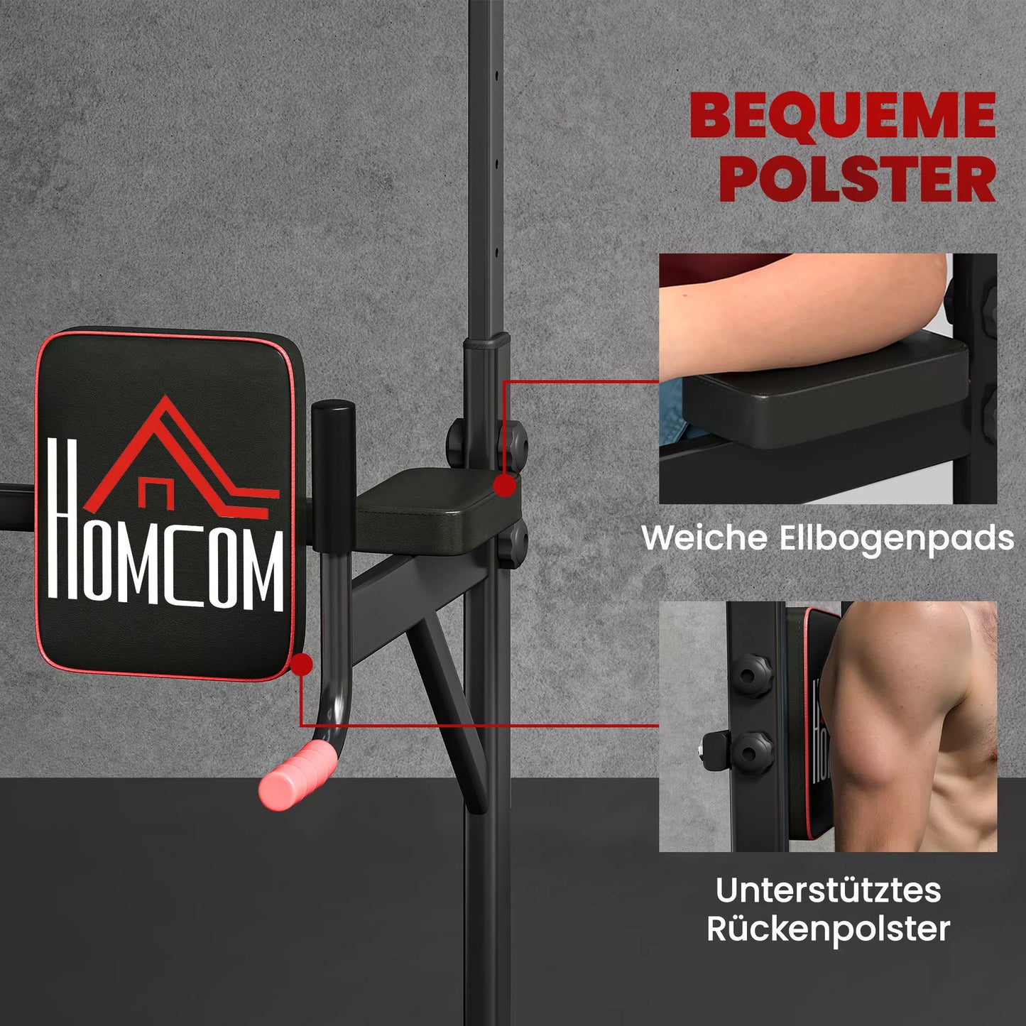 Jėgos bokštas su reguliuojamu aukščiu, traukos priemonė su prisitraukimo trapecija ir siurbtukais, minkšta namų treniruočių įranga