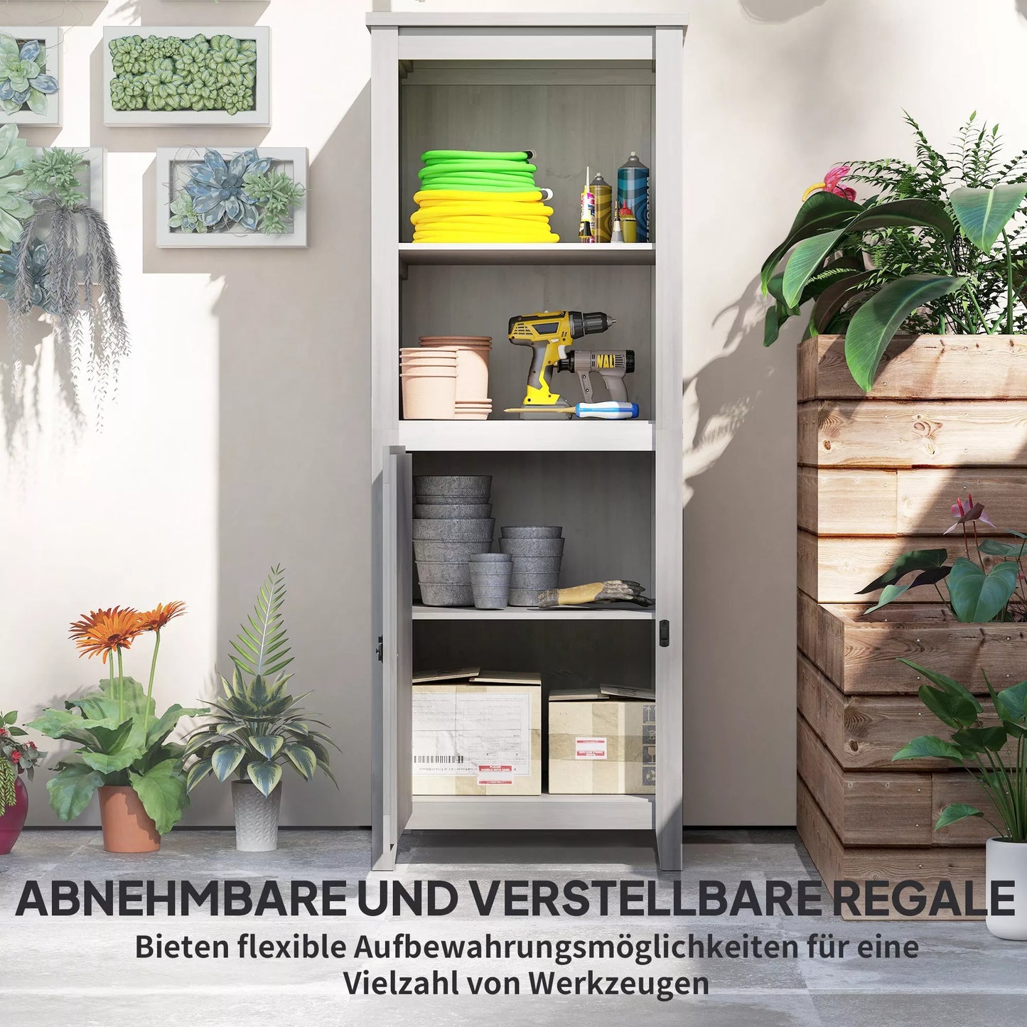 Sodo pašiūrė su tvarto durimis, reguliuojamos lentynos, dailus dizainas, eglės mediena, šviesiai pilka