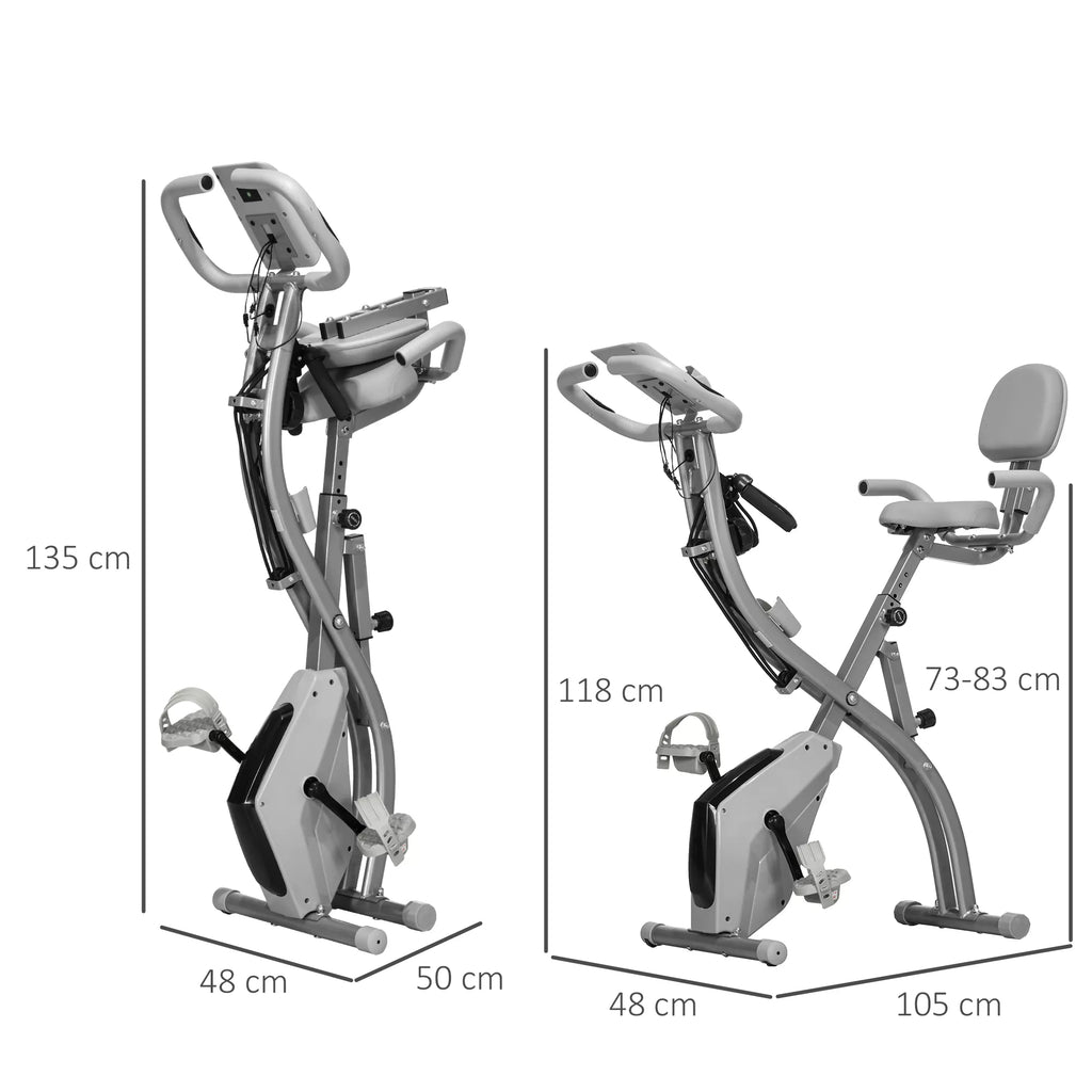 X-Bike 2-in-1 dviračių treniruoklis su LCD ekranu, širdies ritmo monitoriumi, sulankstomas namų treniruoklis su 8 pakopų magnetine varža, 1 poros pasipriešinimo gumos, plienas, pilka spalva, 105x48x118 cm