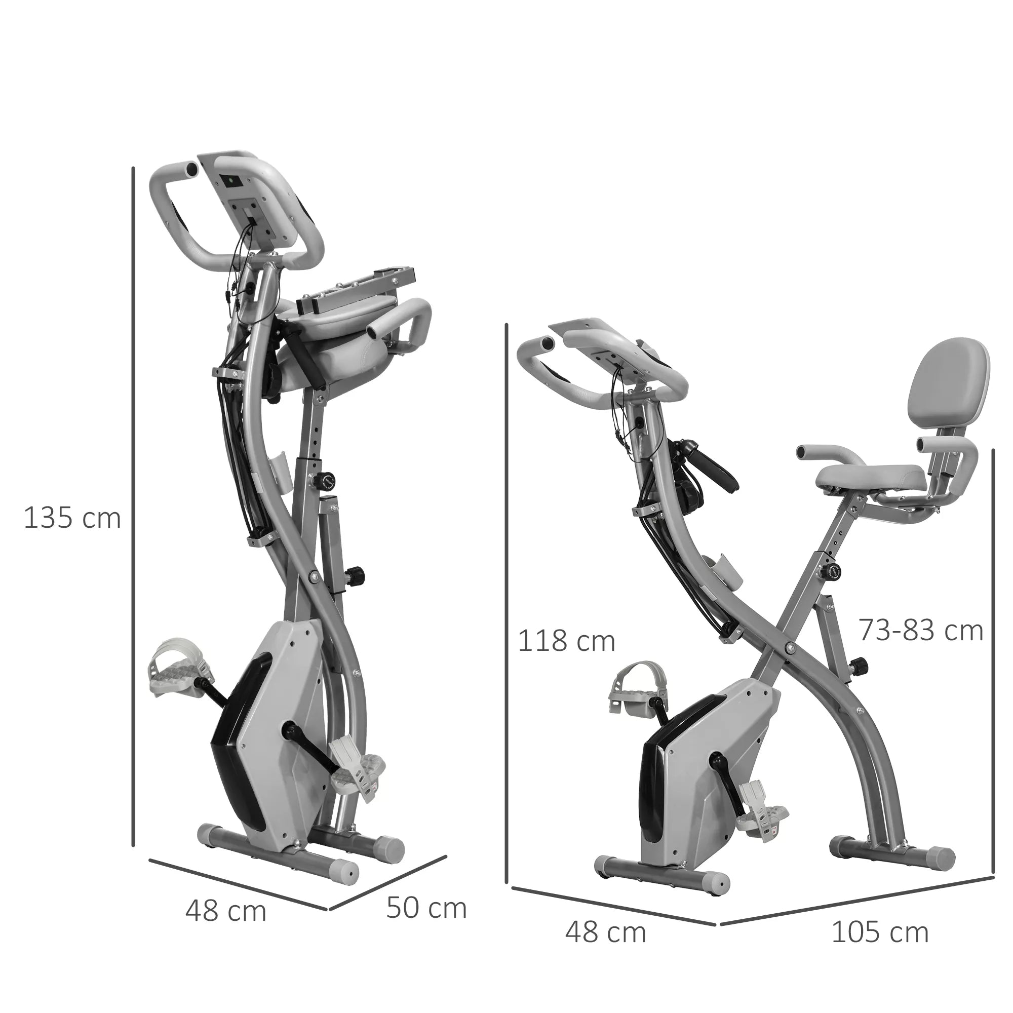X-Bike 2-in-1 dviračių treniruoklis su LCD ekranu, širdies ritmo monitoriumi, sulankstomas namų treniruoklis su 8 pakopų magnetine varža, 1 poros pasipriešinimo gumos, plienas, pilka spalva, 105x48x118 cm