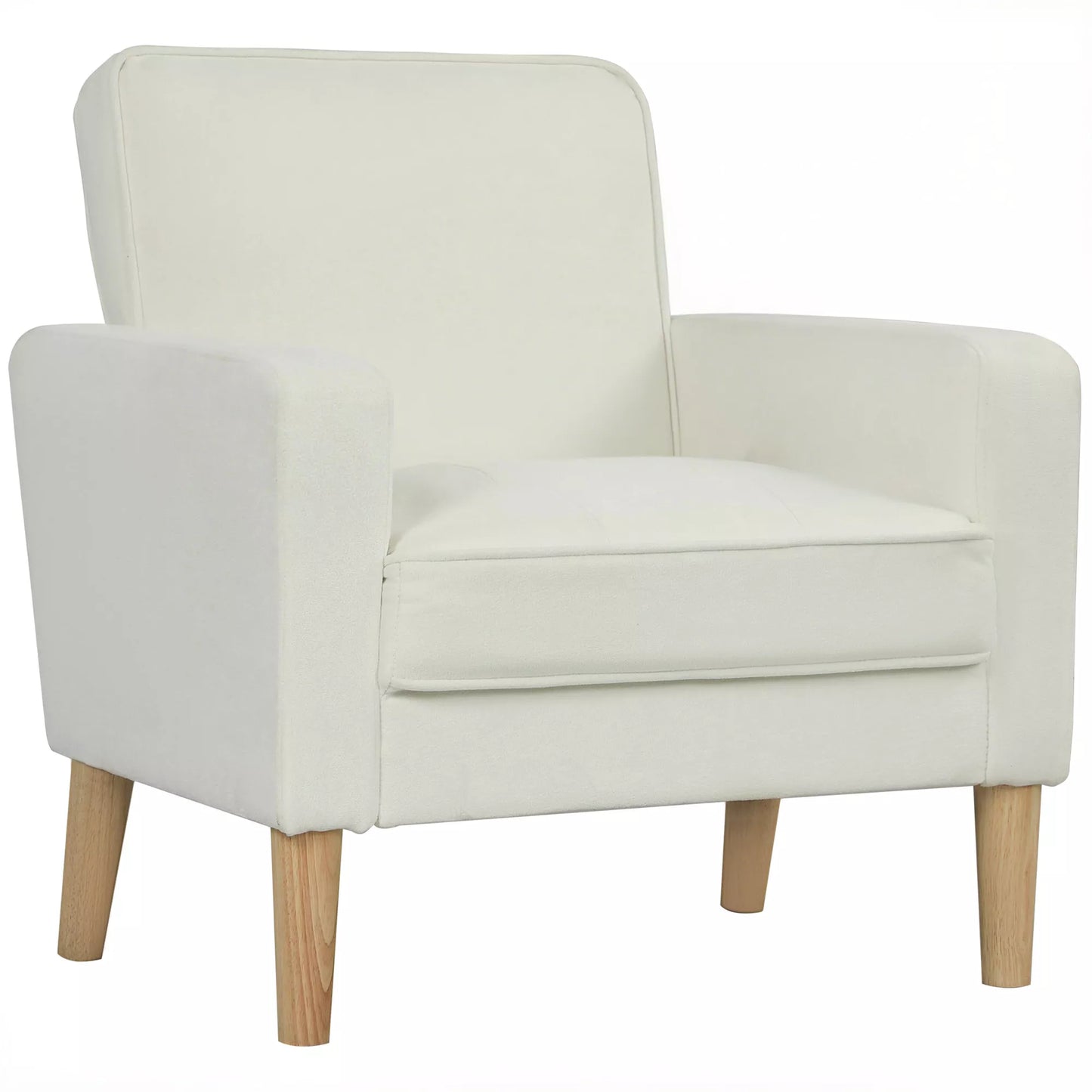 Kreminės baltos spalvos fotelis su porankiais, reguliuojama atlošo padėtimi ir kaučiukmedžio kojelėmis