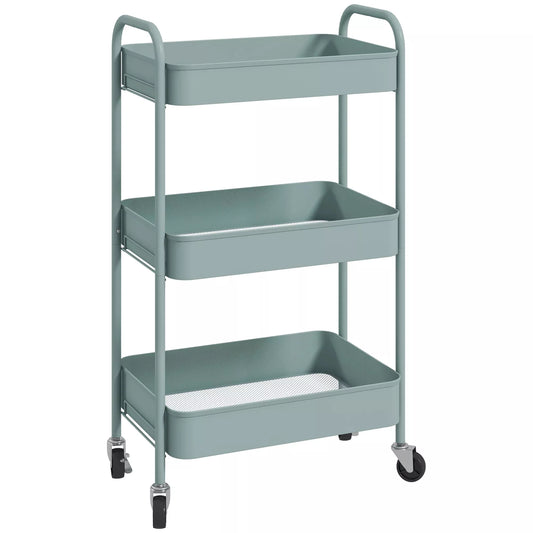 Daugiafunkcis vežimėlis virtuvei, 3 lentynos, 4 ratukai, 45 cm x 30,6 cm x 79 cm, šviesiai mėlynas