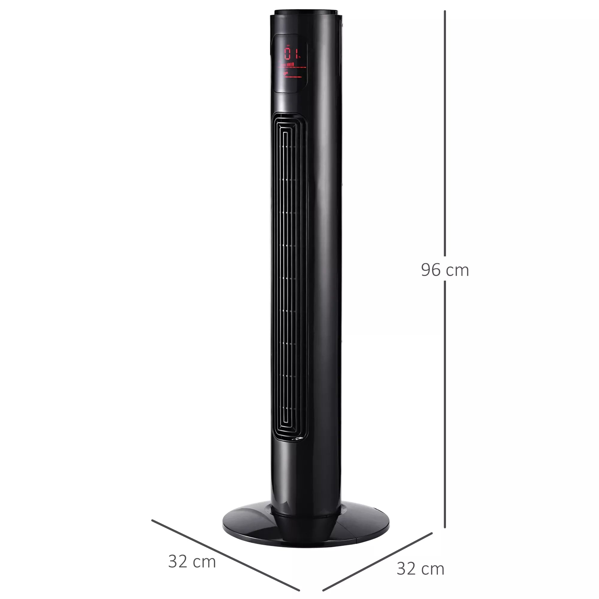 70° kampu besisukantis bokštinis ventiliatorius su nuotolinio valdymo pultu, 3 režimais, 3 greičiais, laikmačiu, 32 x 32 x 96 cm, juodos spalvos