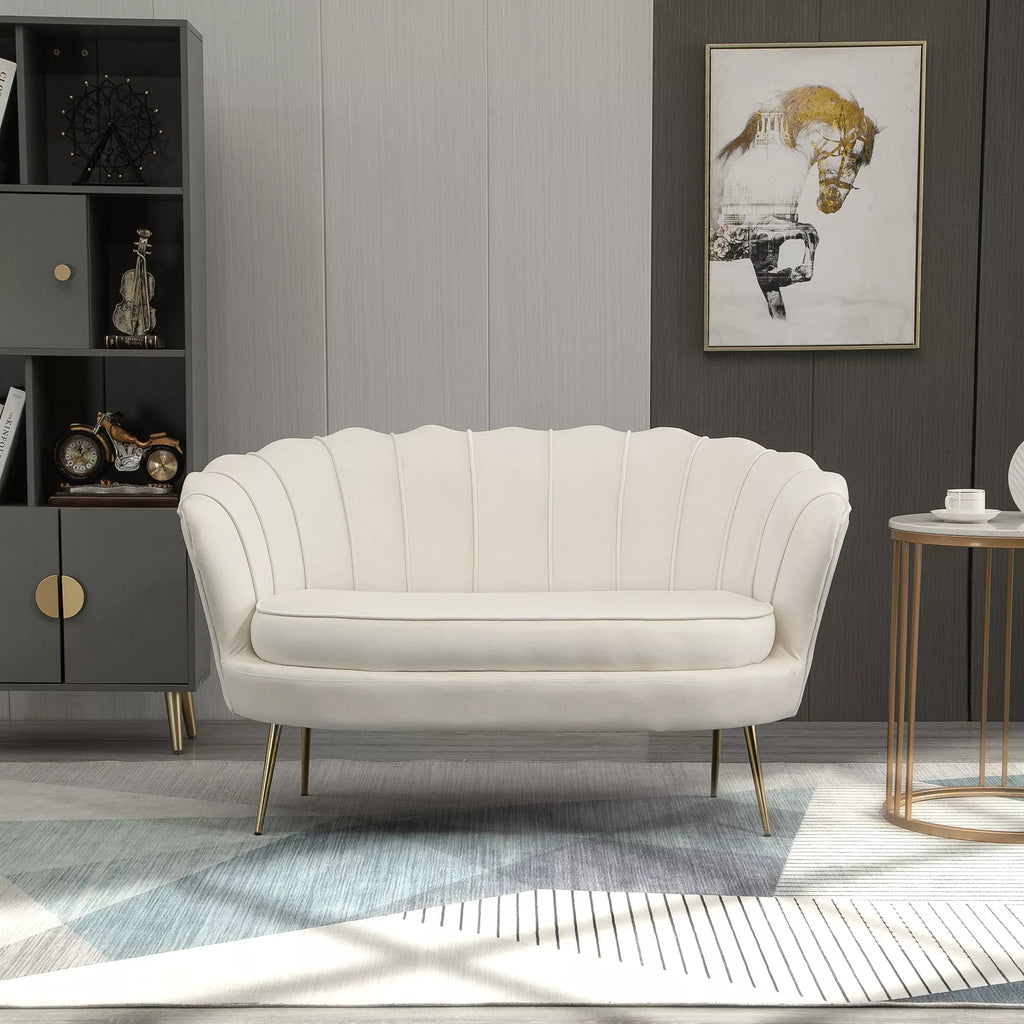 Vintage 2-vietė sofa, kušetė, minkštieji baldai, aksomo išvaizda, iki 150 kg, kreminė/auksinė