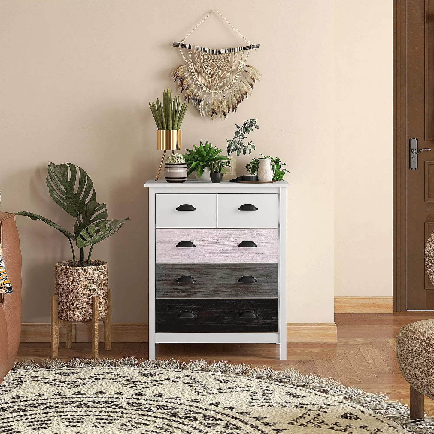 Indauja, komoda, 5 stalčiai, lakuotas paviršius, MDF ir pušies mediena, 70 x 38 x 85 cm, balta