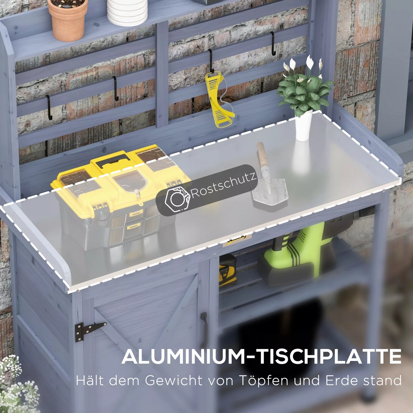 Sodo stalas su spintele, aliuminio darbo paviršiumi, saugojimo vieta, 112x47x146 cm, pilkos spalvos