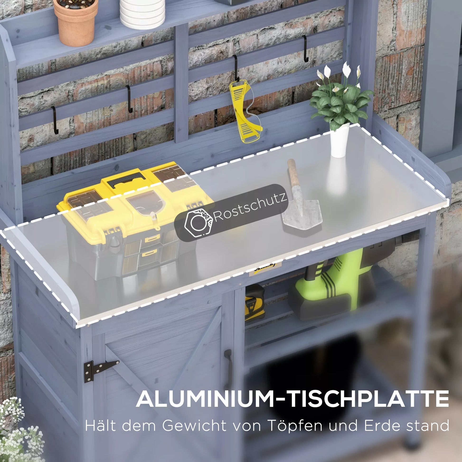 Sodo stalas su spintele, aliuminio darbo paviršiumi, saugojimo vieta, 112x47x146 cm, pilkos spalvos