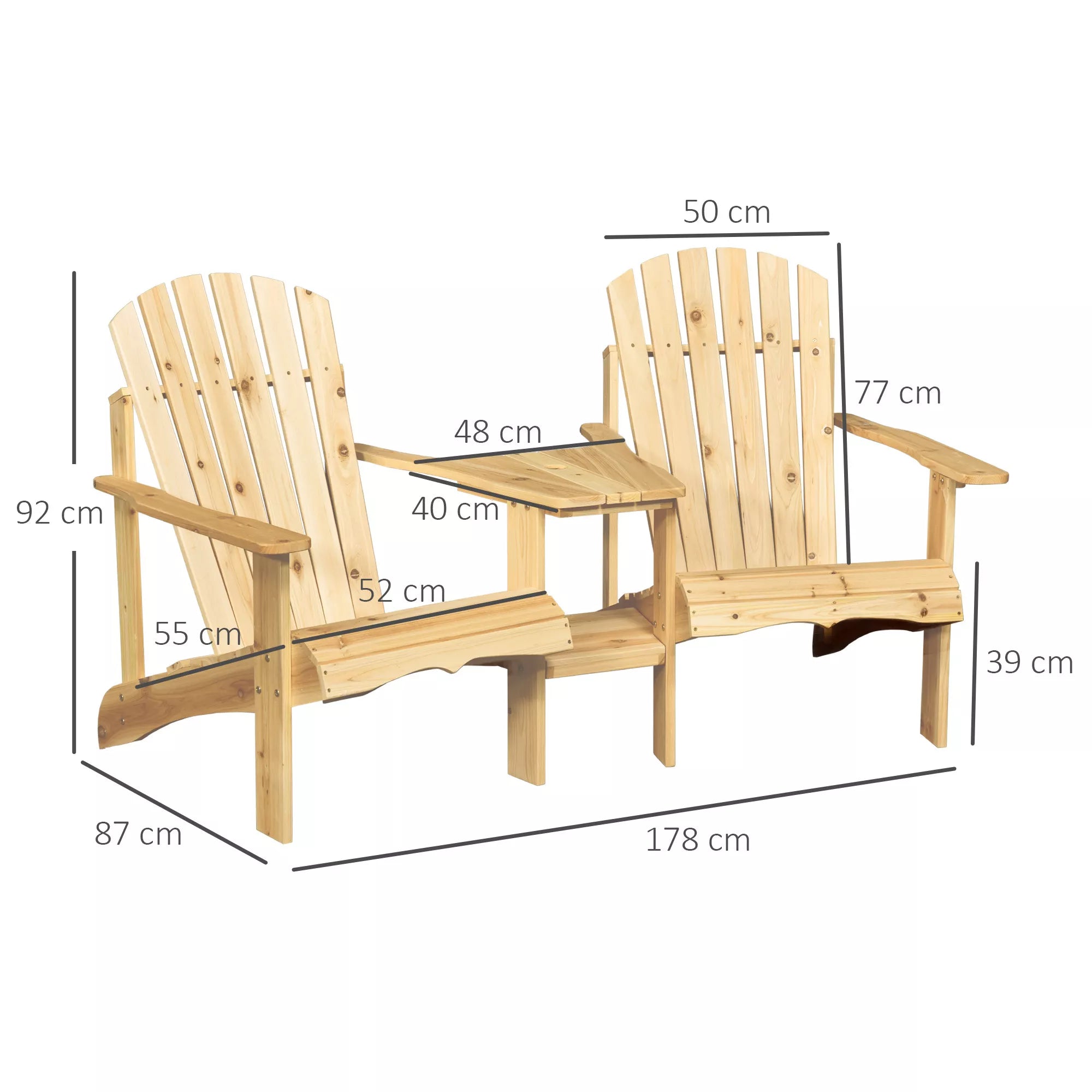 Adirondack sodo kėdė su stalu ir skėčio skyle 2 vietų sodo kėdės Sodo baldų komplektas balkonui Masyvi mediena Natūralus 178 x 87 x 92 cm