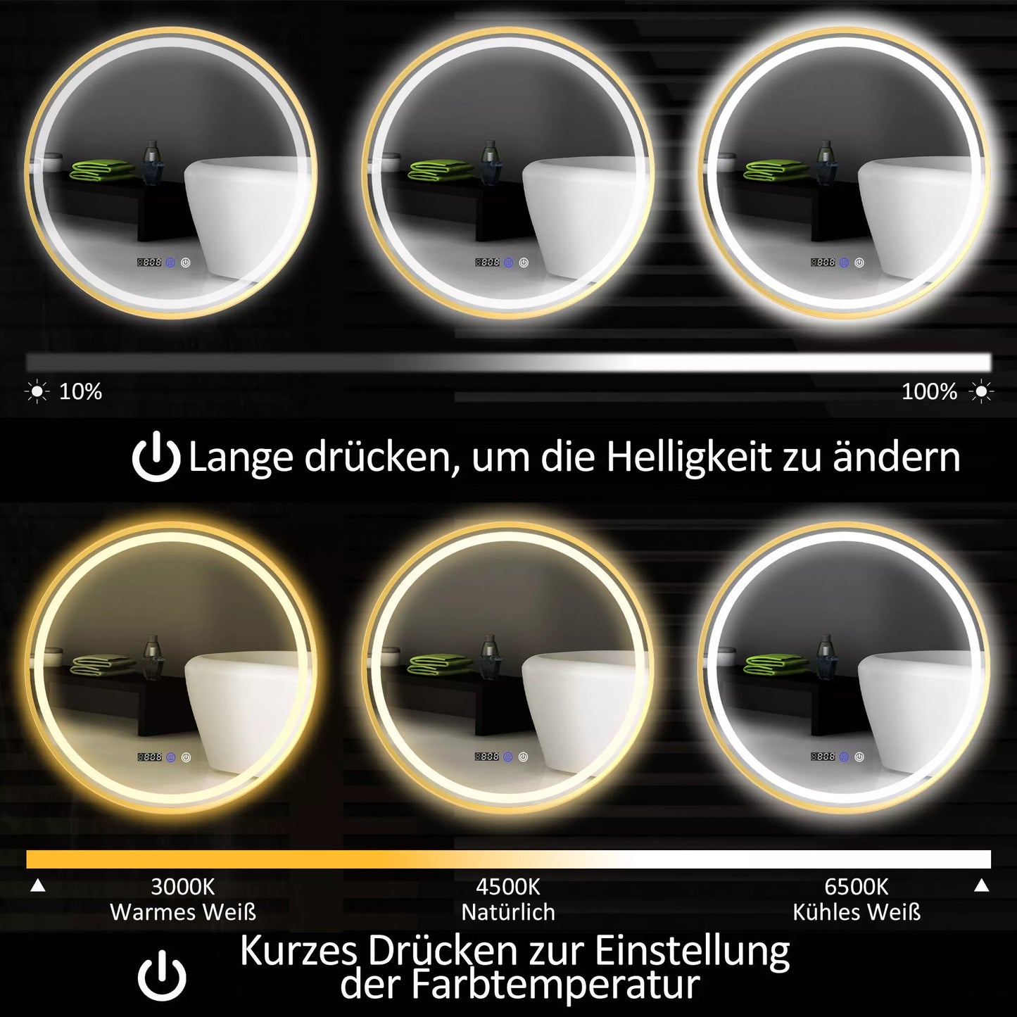 Apvalus vonios veidrodis su LED apšvietimu, veidrodis su apsauga nuo rasojimo, jutikliniu valdymu, ekranu