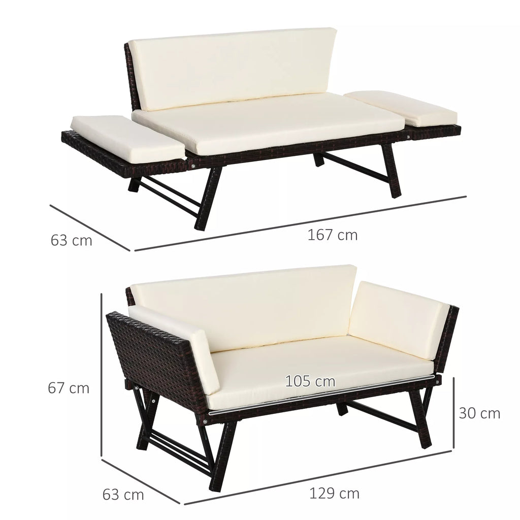 Polyrattan sodo sofa 2 vietų sodo baldai poilsio sofa sodo suolas sodo gultas sulankstomas porankiai plienas rudos spalvos 129 x 63 x 67 cm