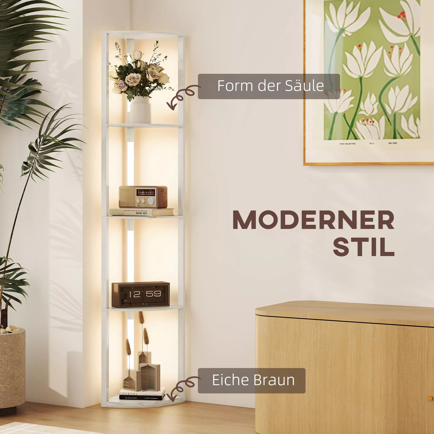 LED stovas lentyna, kampinė lentyna, pritemdoma, 4 lentynos, šilta balta šviesa, 41x30x164cm, Ąžuolas