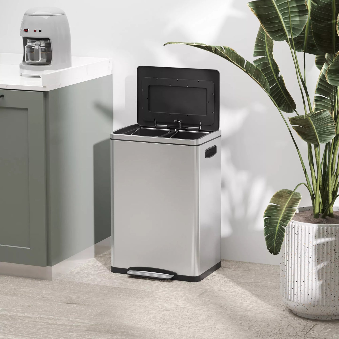 Šiukšliadėžė, šiukšlių dėžė su dangčiu ir pedalu, nerūdijančio plieno, 2x 20 litrų skyriai, sidabro