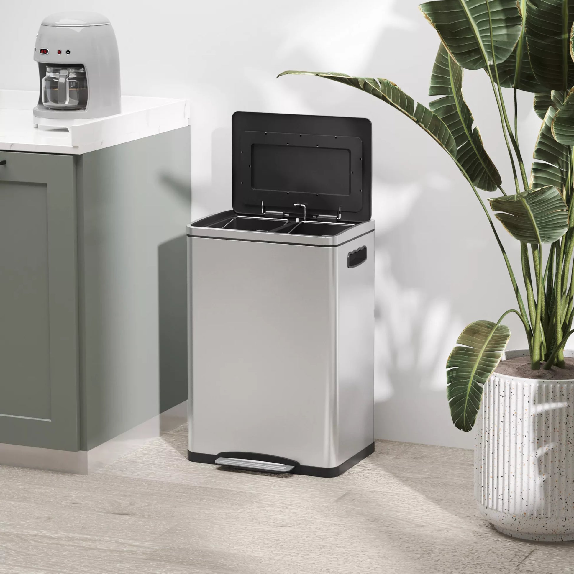 Šiukšliadėžė, šiukšlių dėžė su dangčiu ir pedalu, nerūdijančio plieno, 2x 20 litrų skyriai, sidabro