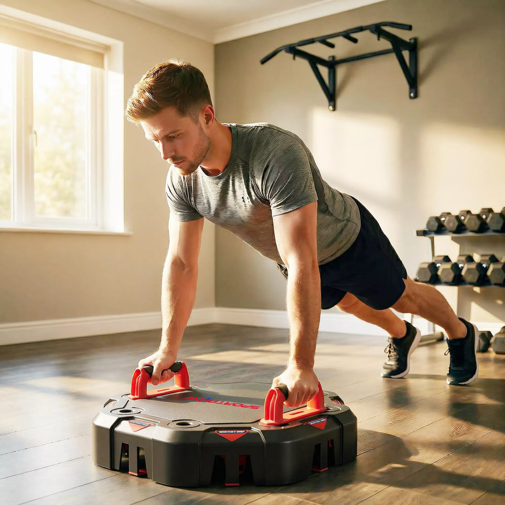 Liegestützbrett 7-in-1 Reguliuojama Push Up Board su atsparumo juostomis Rulonais Durų inkaro, Sulankstoma
