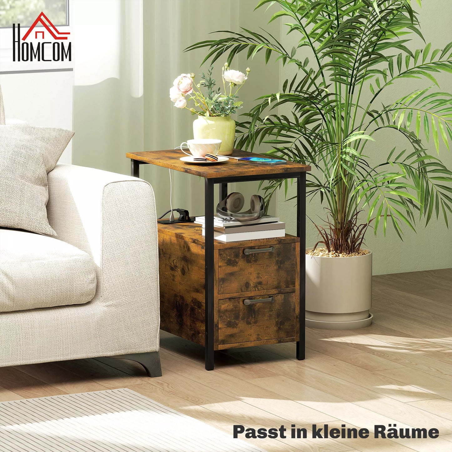 Pagalbinis staliukas su įkrovimo stotele, USB jungtimis, rozetėmis, 2 stalčiais ir lentynėle, skirtas svetainei, miegamajam