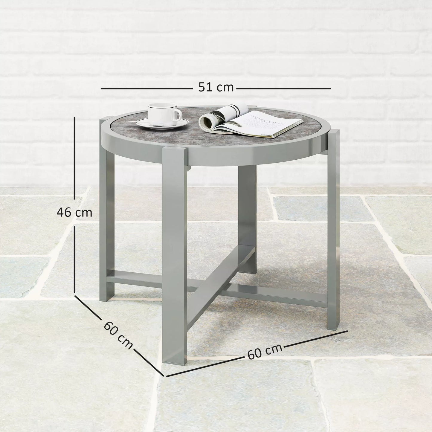 Apvalus lauko staliukas, atsparus oro sąlygoms, aliumininis balkono staliukas su pilka marmuro išvaizda