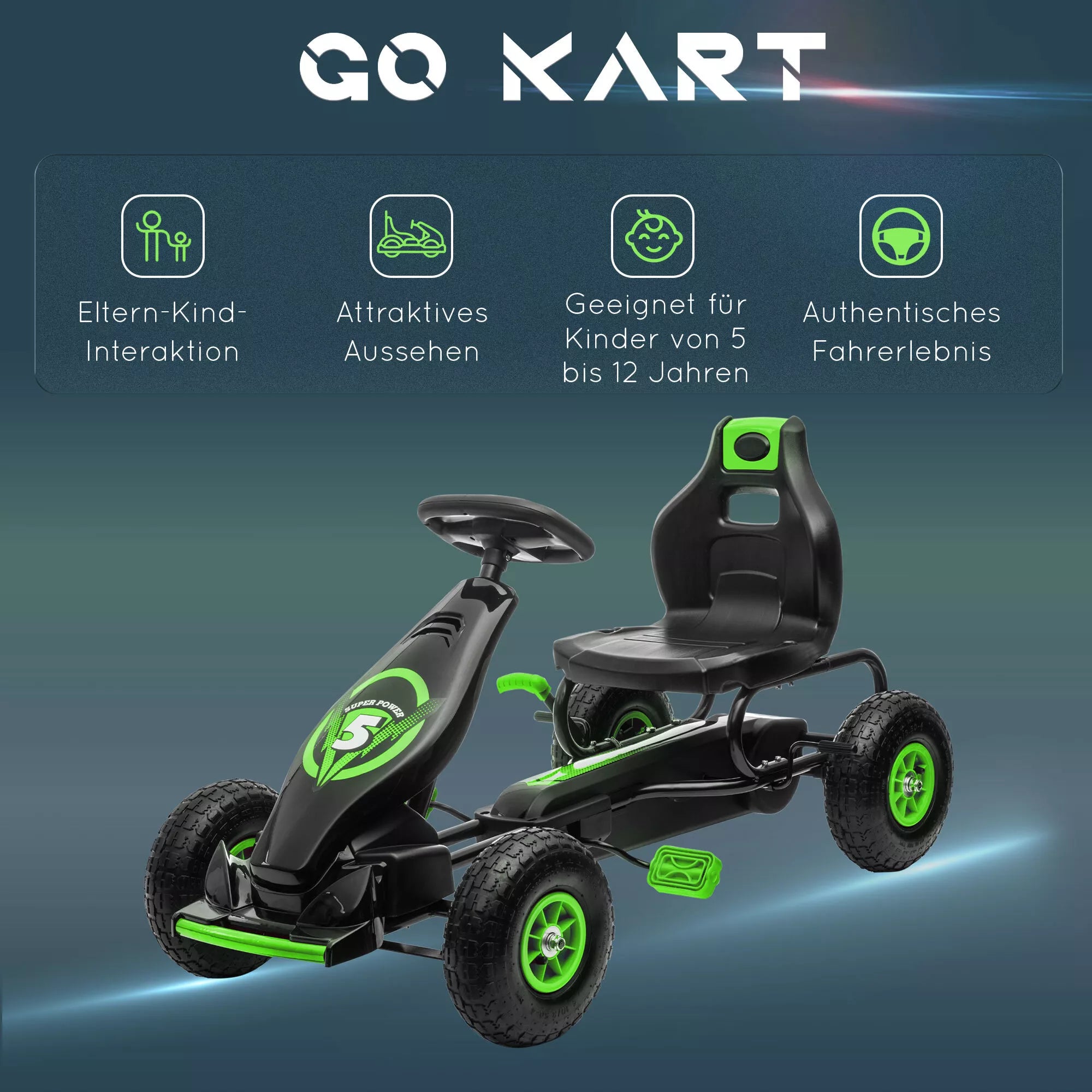 Vaikų kartingas su savybių piktogramomis
