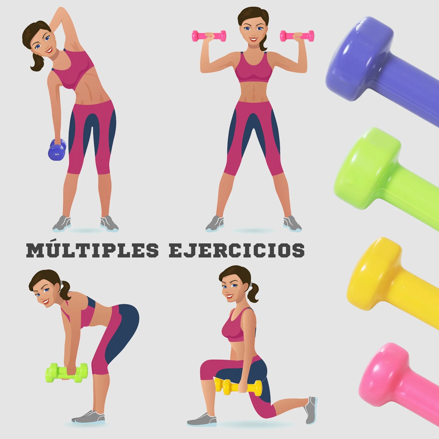 Hantelių rinkinys 4 poros hantelių su lagaminu 0,5 kg/1 kg/1,5 kg/2 kg Geležis+Plastikas Raudona Geltona Žalia Violetinė