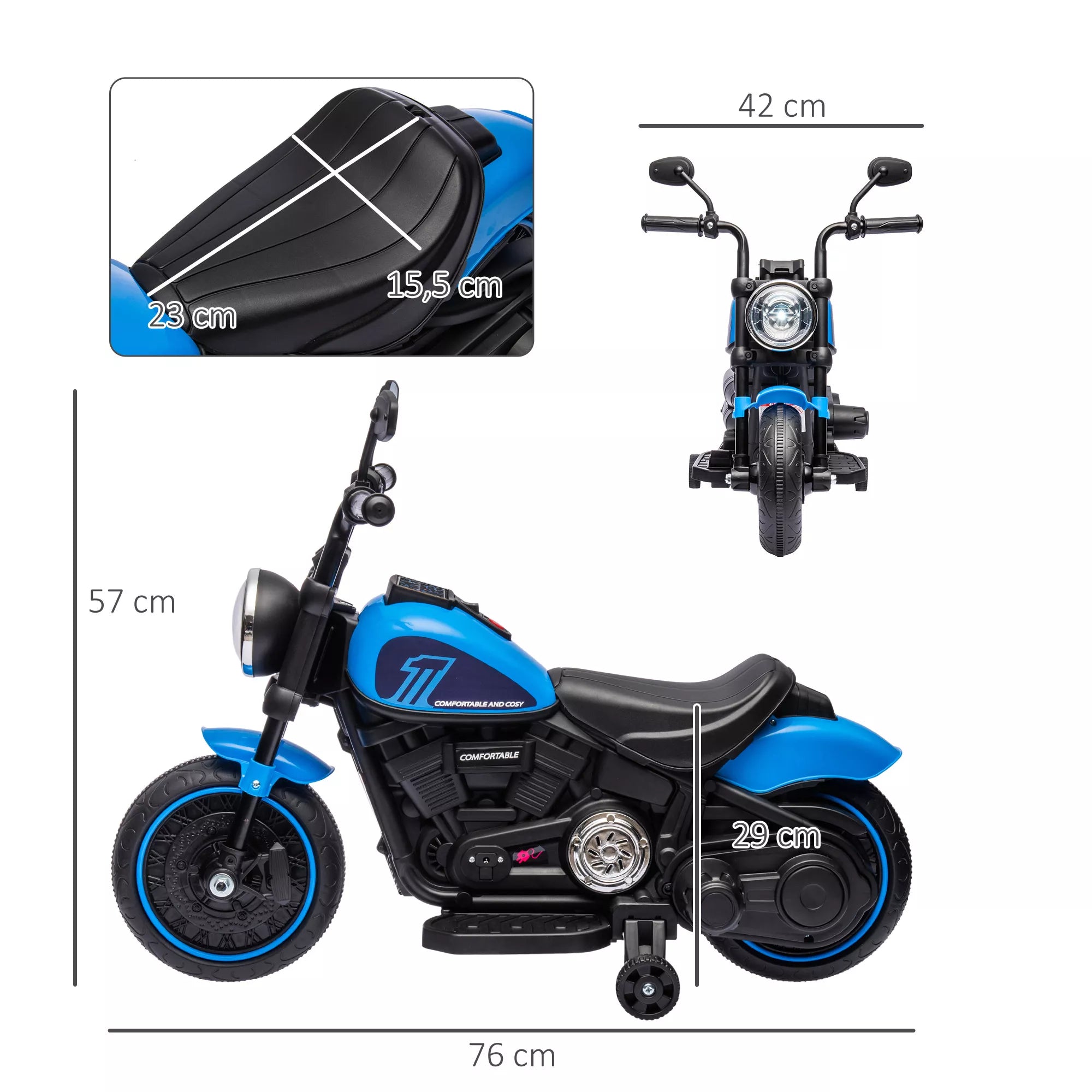 Elektrinis vaikų motociklas, elektrinis vaikų transporto priemonė, su žibintais, 3 km/h, mėlyna + juoda