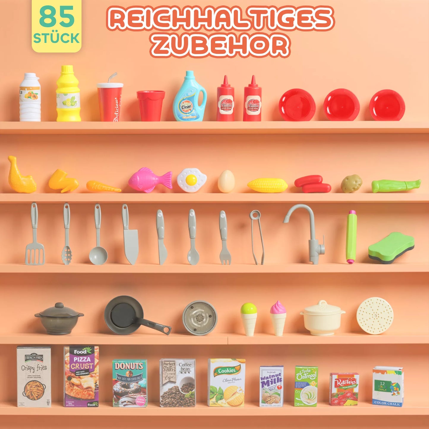 Žaislinė virtuvėlė su tekančiu vandeniu, 85 priedų, elektrinis maišytuvas, šviesos, garsai, vaikams nuo 3 iki 6 metų