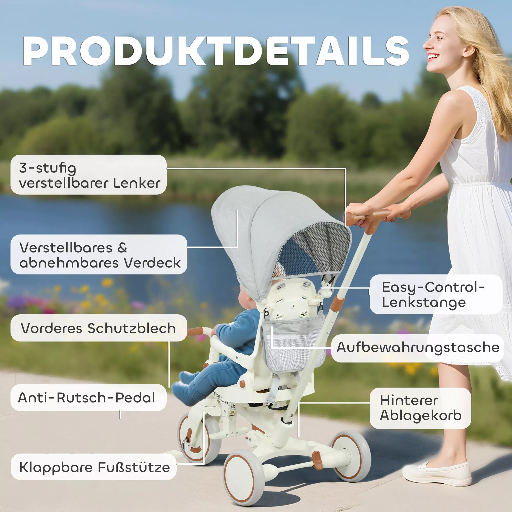 Vaikiškas triratukas 5-in-1, reguliuojamas, 1–3 metų vaikams, kreminės spalvos