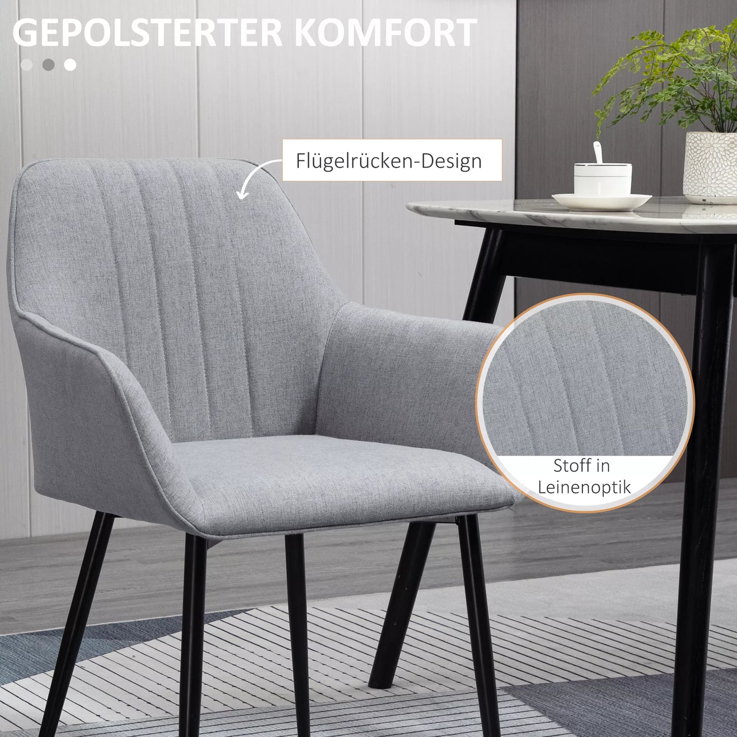 2 vnt. Valgomojo kėdžių komplektas, minkšta kėdė su kvėpuojančiu lininiu užvalkalu, svetainės kėdė, krėslas, virtuvės kėdė su atlošu, porankiais, linas, šviesiai pilka, 59,5 x 56,5 x 81 cm