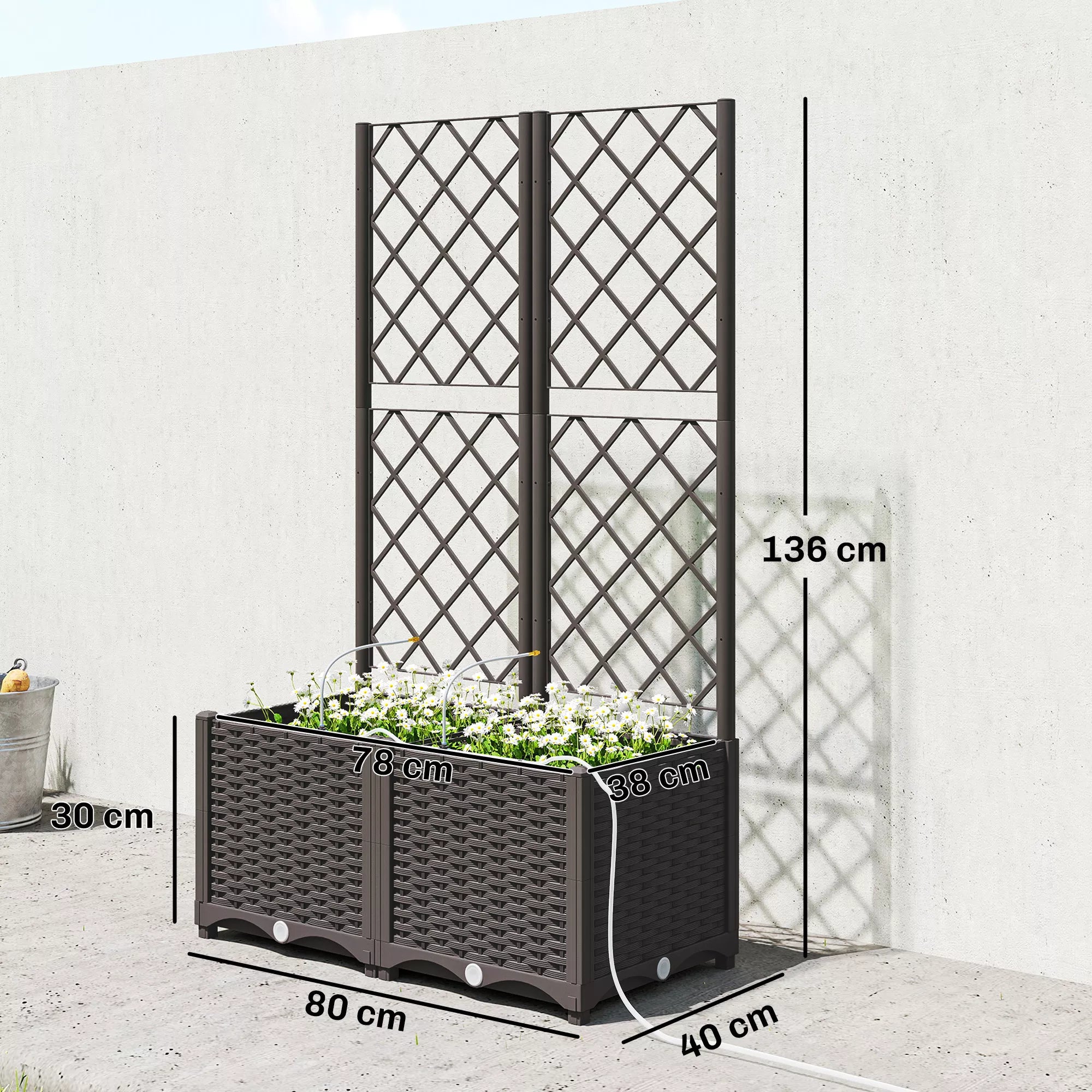 Vijoklinių augalų sienelių rinkinys su vazonais, 2 vnt. dekoratyvių gėlių lovelių su drėkinimo sistema, 80x40x136 cm, ruda