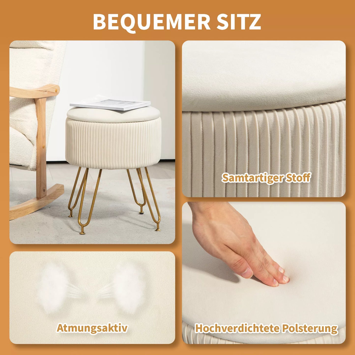 2-in-1 laikymo pufas su metalinėmis kojelėmis, apvalus pufas svetainei, miegamajam, koridoriui, kreminės baltos spalvos