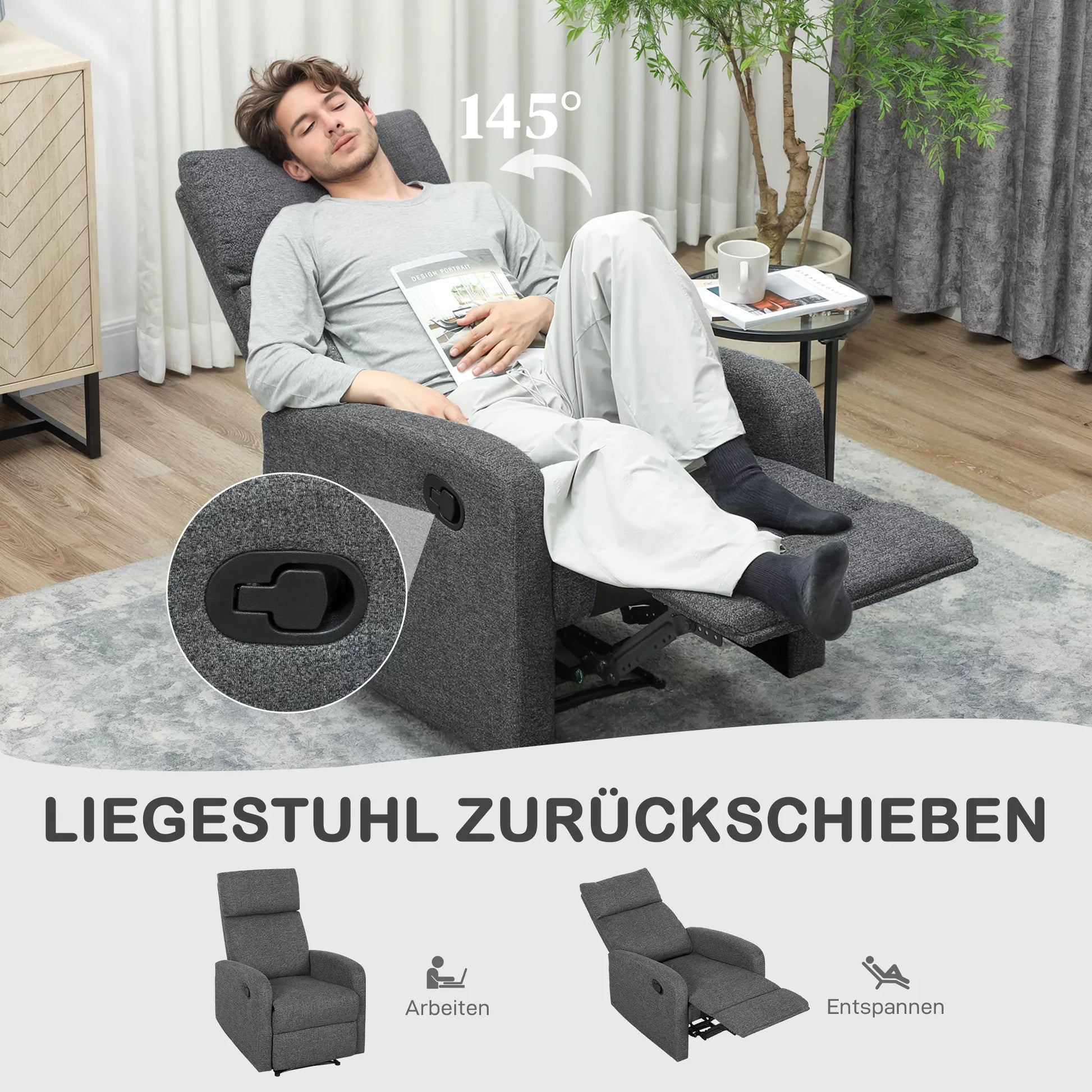 Poilsio krėslas, reguliuojamas atlošiamas krėslas su pritaikoma kojų atrama, modernus svetainės krėslas su audinio apmušalu, pilkas
