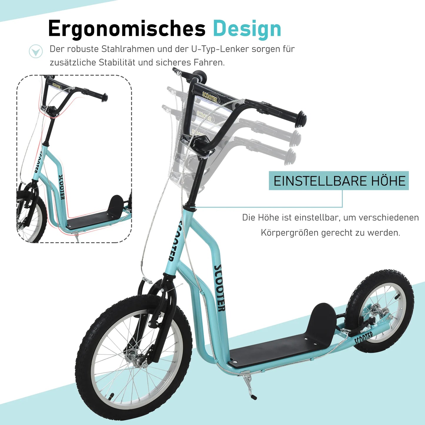 Vaikams nuo 5 metų paspirtukas, riedlentė, miesto paspirtukas, vaikiškas paspirtukas su pneumatinėmis padangomis 16/12 colių Mėlynas 135 x 58 x 88-94 cm