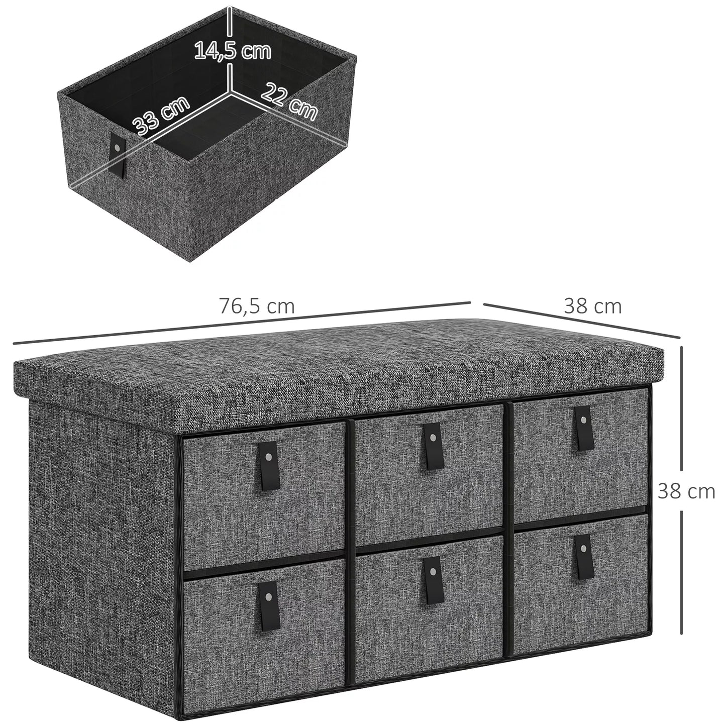 Paminkštinta batų suoliukų spintelė, 6 skyriai avalynei, MDF rėmas, lininės išvaizdos, pilka